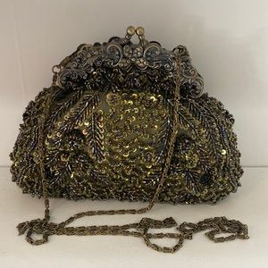 Inspired vintage Victorian olive green beaded purse with chain.